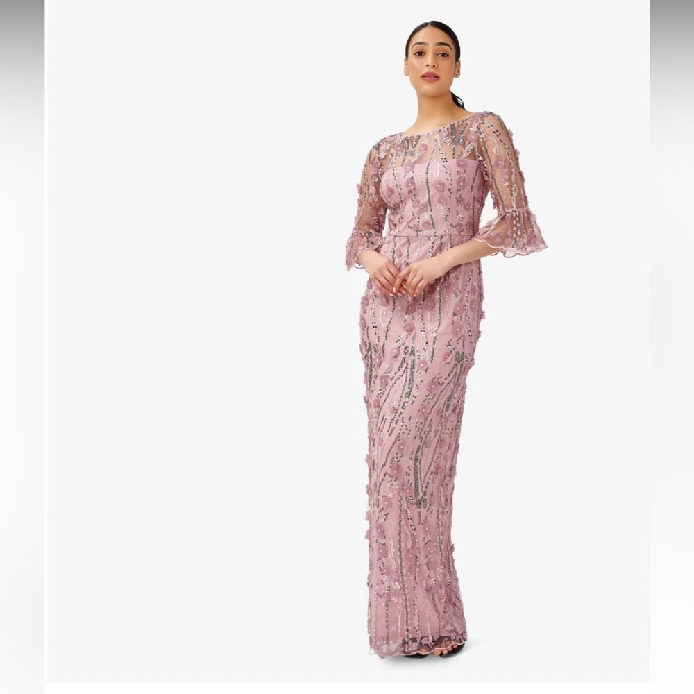 Adrianna Papell, Size 6, Mauve, Long 3D Floral Beaded Gown
